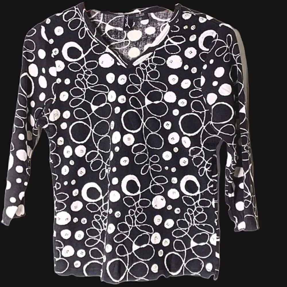 Zashi Black White Cotton Geometric V Neck Long Sleeve Embellished T Shirt size M